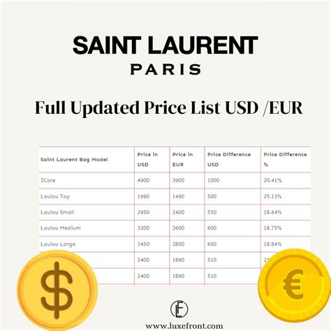 ‘YSL’ Saint Laurent Price List: Reference in USD/EUR